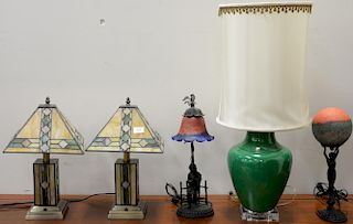 Five contemporary lamps including two figural lamps with art glass shades, pair of leaded glass lamps with matching shades, and a gr...