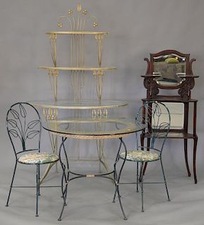 Five piece lot to include glass top table and two chairs, marble top ice cream parlor table, and a glass top etagere.