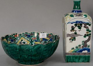 Two Famille Verte pieces including bowl and square bottle.