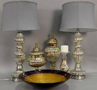 Six piece contemporary group including pair of mirrored lamps (one as is), two pair of mirrored urns, candlestick, and an art glass ...