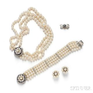 14kt White Gold, Cultured Pearl, Sapphire, and Diamond Suite
