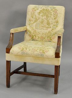 Mahogany Chippendale style armchair with pictorial romantic scene upholstery.