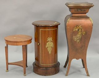 Three piece lot including two pedestals, one with door, and a small Baker stand. pedestals: ht. 29in. & 39in.