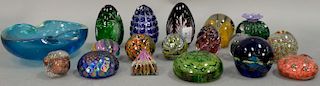 Tray lot with eighteen art glass paperweights, some signed or initialed.