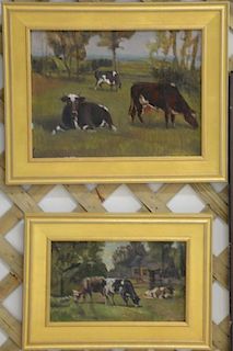 Pair of Farm landscape oil on board paintings with cows unsigned (7 3/4" x 12 3/4" & 12" x 16") and a mountainous summer landscape o...