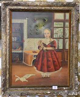 Agapito Labios (1898-1996) oil on canvas folk art interior girl holding flowers, signed lower right A. Labios, 23 1/2" x 18 1