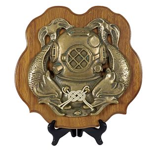 Vintage Heavy Brass & Wood USN First Class Diver Plaque