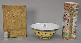 Group of Asian items to include Famille Rose bowl with yellow ground, Rose Famille sleeve form vase, embossed brass block, and two h...