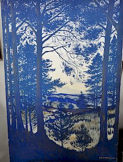 Christopher Richard Wynne Nevinson (1889-1946) colored lithograph wooded landscape, signed in litho: CRW Nevinson, 30" x 20"