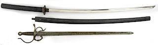 Lot Of Two Swords Chinese Copy Of A Japanese Samurai Sword A Copy Of Spanish Rapier