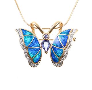 14K Opal Diamond Butterfly Pendant Necklace