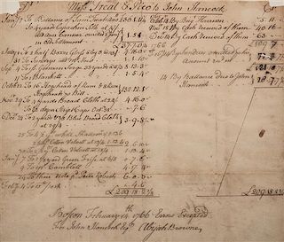 * (HANCOCK, JOHN). Manuscript account ledger from Treat & Pico to John Hancock. Dated February 14, 1766. Boston.