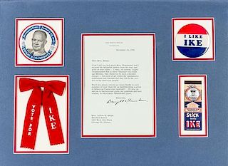 EISENHOWER, DWIGHT D. TLS, one page, on White House Stationary. November 15, 1956. Re: election. With campaign ephemera.