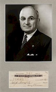 TRUMAN, HARRY. Signed check; framed with a signed photograph