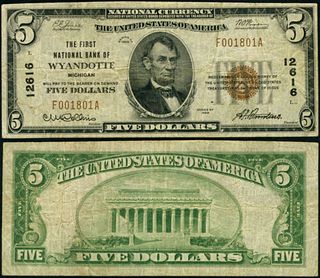 Wyandotte MI $5 1929 Ty 1 National Bank Note Ch #12616 FNB Fine+