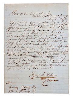 (CIVIL WAR; SLAVE REQUISITION) Autographed letter signed, May 5, 1862, Orangeburg, SC. Francis S. Holmes to James Berry, Esq.