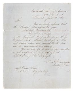 (CIVIL WAR) RANDOLPH, GEORGE W. Autographed letter signed, Virginia, June 13, 1862. Re: appointment of Capt. David Rhine to TX C