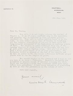 CHURCHILL, WINSTON. Typed letter signed, June 6, 1932. To George Harrap, re: chapt. for biography of Duke of Marlborough.