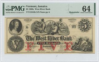 1860s $5 West River Bank Jamaica Vermont Obsolete PMG 64 CH Unc