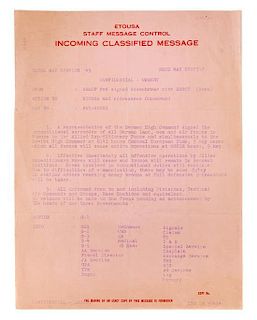 (WWI) EISENHOWER, DWIGHT D. Typed document, marked "Confidential," May 7, 1945. Re: end of war