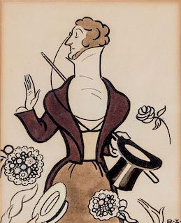 * (CARICATURES) IRVIN, REA. Ink and gouache sketch of Eustache Tilley, inscribed on the verso.