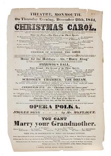 DICKENS, CHARLES. Theatre poster for Christman Carol, December 26, 1844.