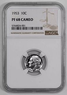 1953 PROOF ROOSEVELT DIME 10C NGC CERTIFIED PF 68 CAMEO (001)