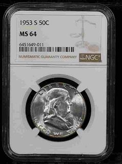NGC 1953-s Franklin Half Dollar 50c Graded ms64 By NGC