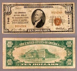 Washington DC $10 1929-T-1 National Bank Note Ch #7446 Commercial NB Very Good