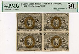 Second Issue 5 Cents Fractional With Surcharge "18-63" Fr# 1233 PMG AU50