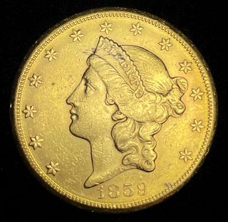 Rare 1859-S $20 Gold Liberty Type 1 AU58+