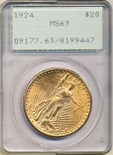 1924 Super Old PCGS Holder $20 Gold Saint Gaudens MS63