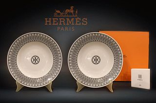 A Pair Of Hermes H Deco Porcelain Dessert Plates, Boxed, COA & Hallmarked