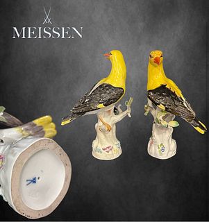 A Pair Of Meissen Golden Oriole Birds, Hallmarked