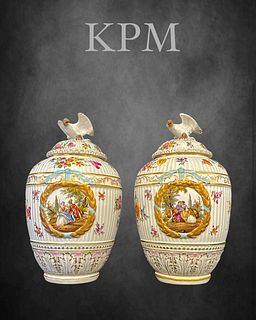 A Pair Of 19th C. KPM Hand Painted Figural Lidded Vases/Urns, Hallmarked