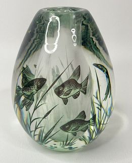 Orrefors EDWARD HALD Fish Graal Aquarium Heavy Cased Glass 4.5â€ Vase