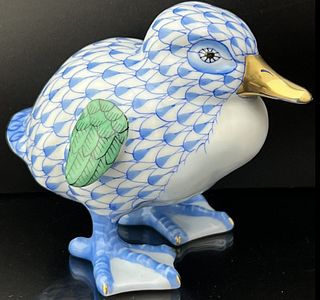 HEREND Duckling Duck Bird Blue Fishnet Figurine