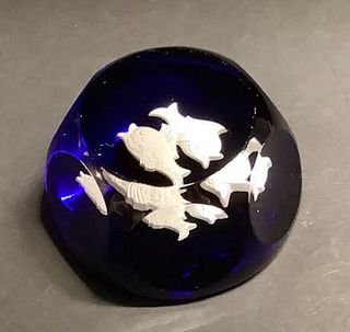 Signed Baccarat Cobalt blue  paperweight with fish insert 