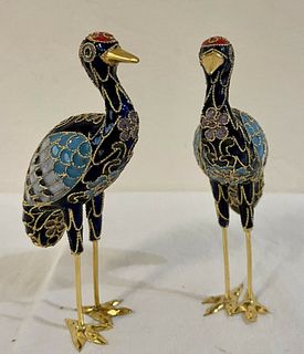 CloisonnÃ© Enamel Cranes Bird Figurines  Tall pair with orig box