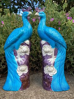 Pair Mid-Century Chinese Porcelain Turquoise Phoenix Birds