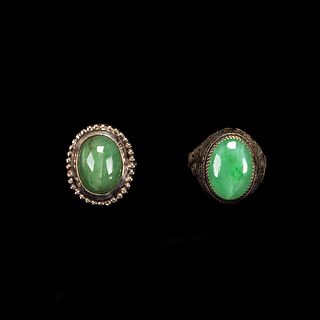 LOT OF TWO, SILVER JADEITE RINGS 