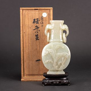 A DOUBLE-EAR JADE VASE WITH WOODEN STAND AND JAPANESE BOX 