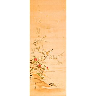 A SILK PAINTING WITH FRAME OF FLORAL MOTIF