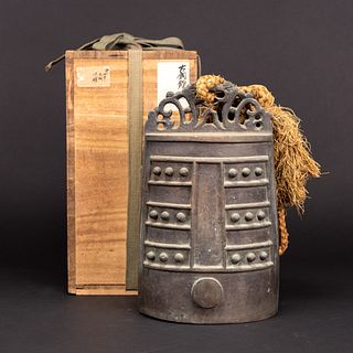 A BRONZE BELL WITH JAPANESE WOOD BOX 
