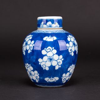 A BLUE AND WHITE 'PRUNUS' JAR WITH COVER, 18TH CENTURY