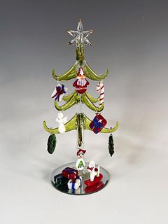 ART GLASS CHRISTMAS TREE WITH ORNAMENTS IN BOX