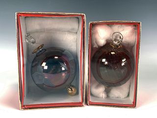TWO EGYPTIAN BLOWN GLASS BALL ORNAMENTS IN BOX