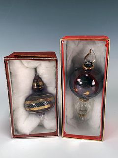 TWO EGYPTIAN BLOWN GLASS ORNAMENTS IN BOX