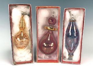 THREE EGYPTIAN BLOWN GLASS ORNAMENTS IN BOX