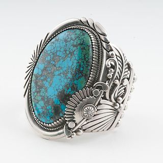 Navajo Heavy Sterling Bracelet with Large Oval Turquoise